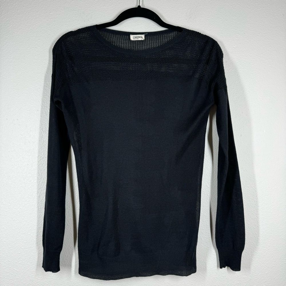 L’AGENCE Long Sleeve Black Crewneck Sweater Sheer Open Knit Women’s Size XS